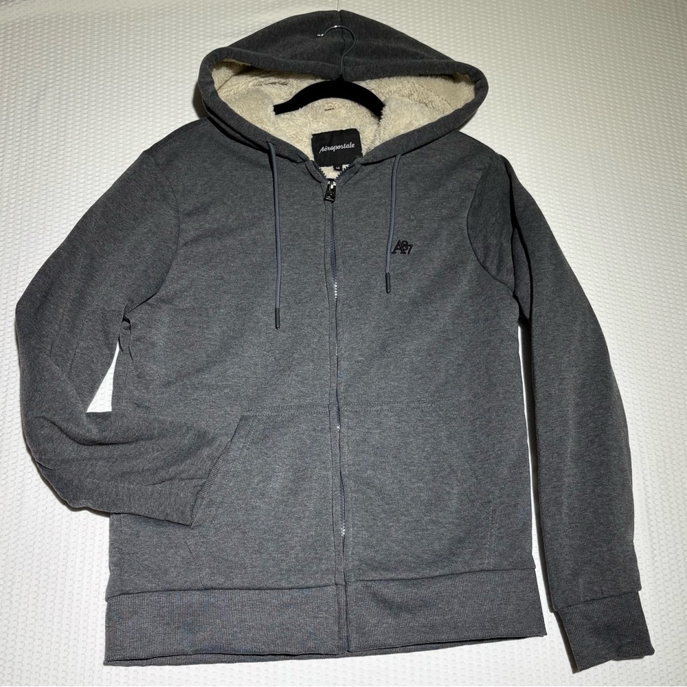 Y2K Aeropostale faux fur/sherpa lined full zip hoodie unisex charcoal & cream M